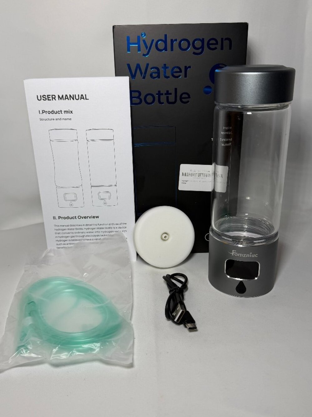 Hydrogen Water Bottle Generator 340ml 5000ppb Glass Aluminum Silicon Lid New